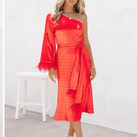 Vici Dresses & Skirts - Vici Margaux Satin Feather Trim Midi Dress XS One Shoulder Holiday Christmas Red